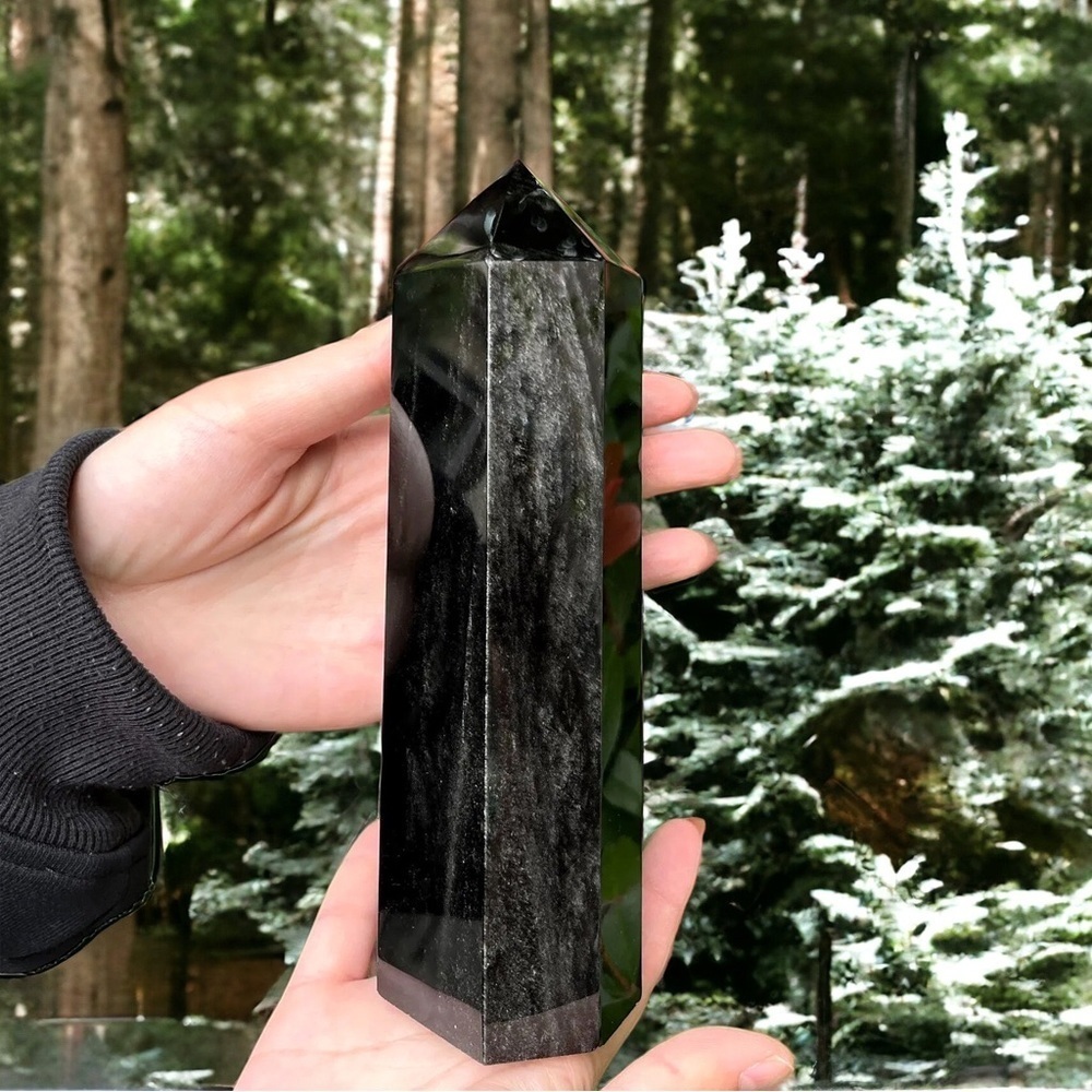 Large 2LB Silver Black Obsidian Natural Crystal Obelisk Tower